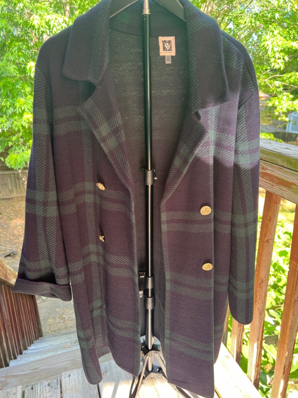 Anne Klein, black watch plaid pea coat sweater duster with gold buttons
